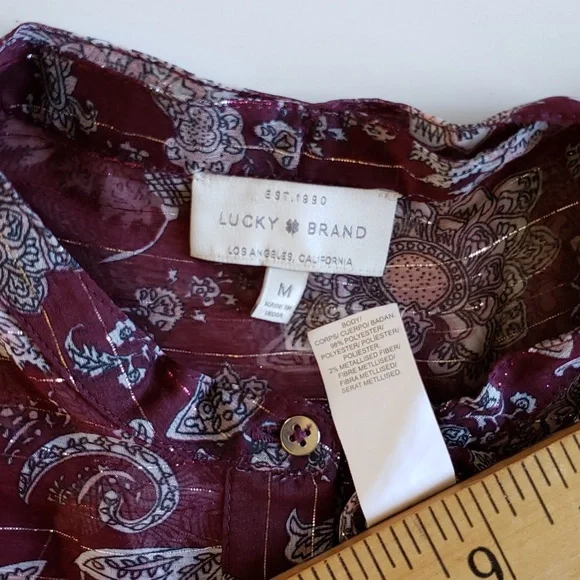 Lucky Brand India Print Boho Top M/L Burgundy Silver - Picture 5 of 5
